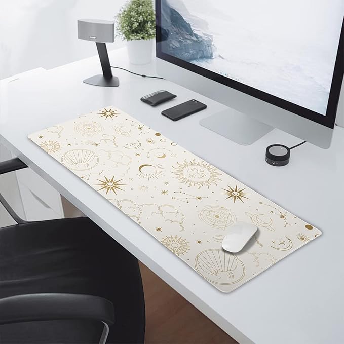 aportt Boho Chic Sun Moon Large Mouse Pad XL Magic Mystical Galaxy Stars Clouds Extended Large Desk Mat Big White Desk Pad 80X30 CM Non-Slip Rubber Base Stitched Edge Long Mousepad,31.5×11.8 Inch