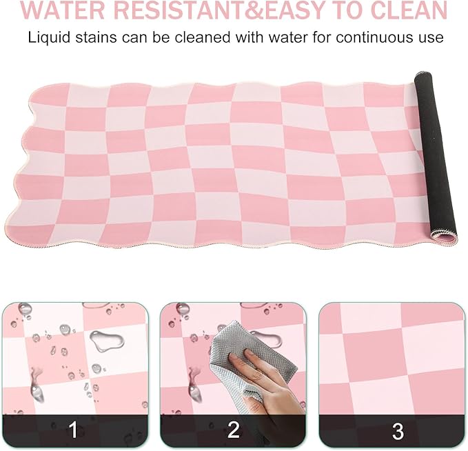L-SPOUTTO Pink Mouse Pad,Geometric Desk Mat XXL Large Scalloped Gaming Mousepad,35.4x15.7in Non-Slip Rubber Base Keyboard Pad Waterproof Desktop Mat for Laptop Computer Game Home Office-Checkered