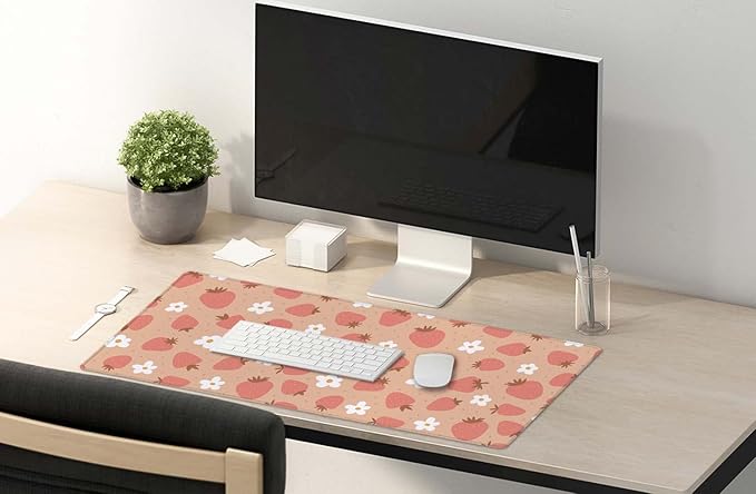SSOIU Large Mouse Pad, Full Desk XXL Extended Gaming Mouse Pad 35.5" X 15.7", Waterproof Desk Mat with Stitched Edge, Non-Slip Laptop Computer Keyboard Mousepad for Office & Home, Strawberry and Daisy