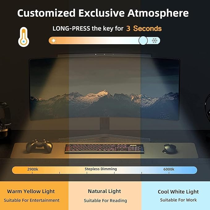 Universal Curved Monitor Light - Adjustable Clip for 27"-49" Screens, USB-C Powered, Works with PC/TV/PS5, 10 Brightness Levels