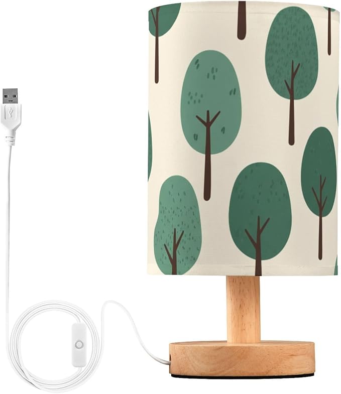 Green Tree LED Table Lamp, Bedside Lamp with Linen Lampshade, Flicker-Free Eye Care USB Plug in Nightstand Lamp, for Bedroom and Office