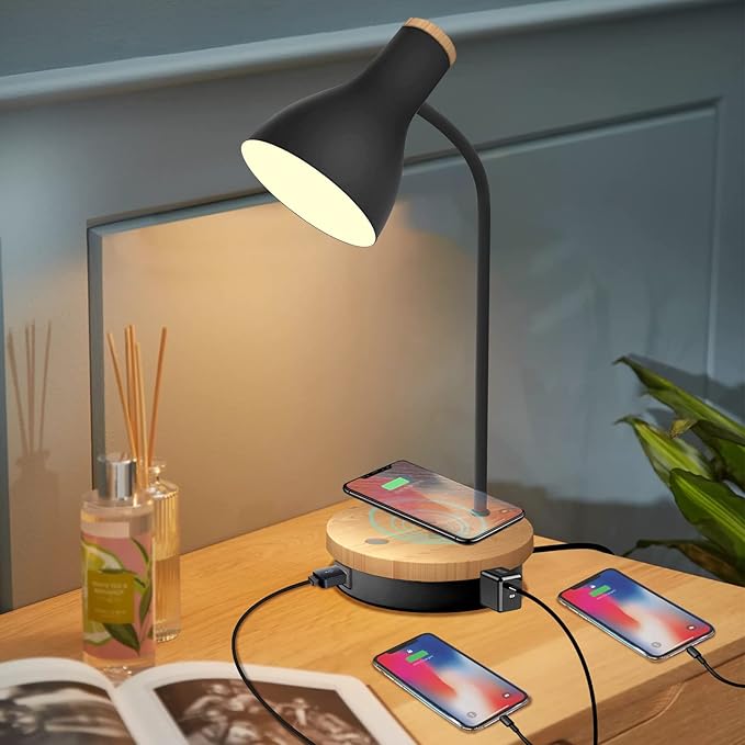 Metal Desk Lamp Wireless Charging Table Lamp Touch Reading Lights Arc Desk Lamps for Bedroom, 3 Way Dimmable Bedside Lamp with USB Charging Ports Lamp for Study Room and Office (Black)