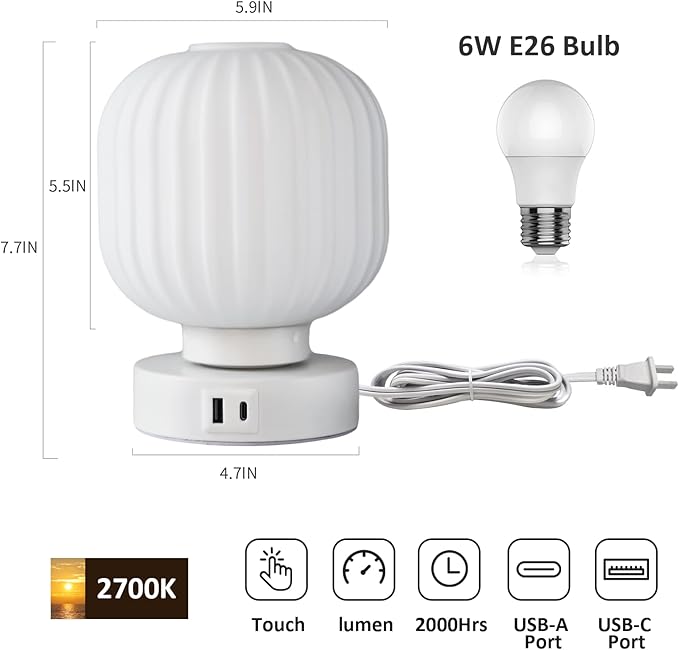 Touch Bedside Glass Table Lamp Set of 2 with 3 Way Dimmable Light, Small Table Lamps with USB C+A Charging Ports - Bedroom Nightstand & Living Room Essential, Bulb Included