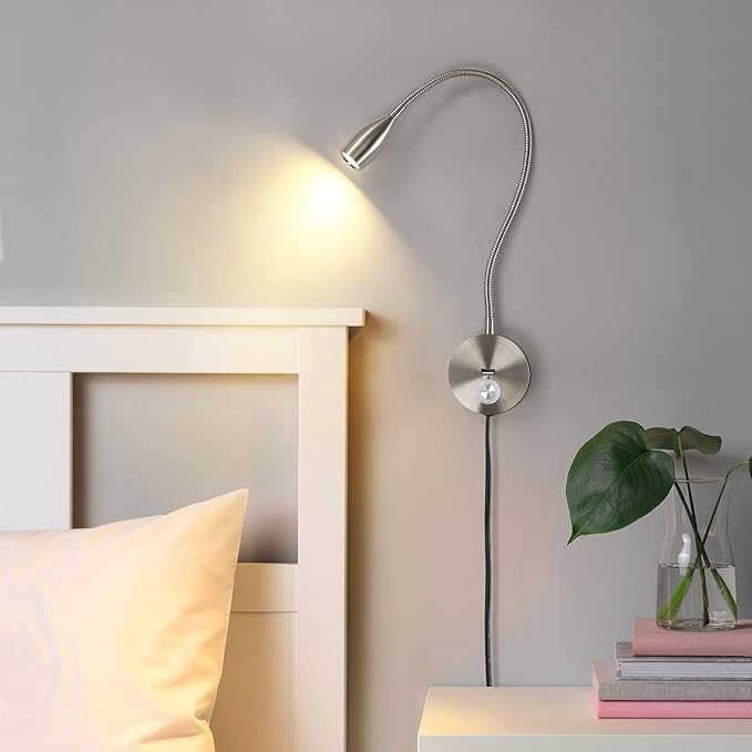 LED Wall Reading Light with USB Charging Port, Dimmable Gooseneck Bedside Lamp, Flexible Arm, 3W (Black, 120V Plug in, Warm White)