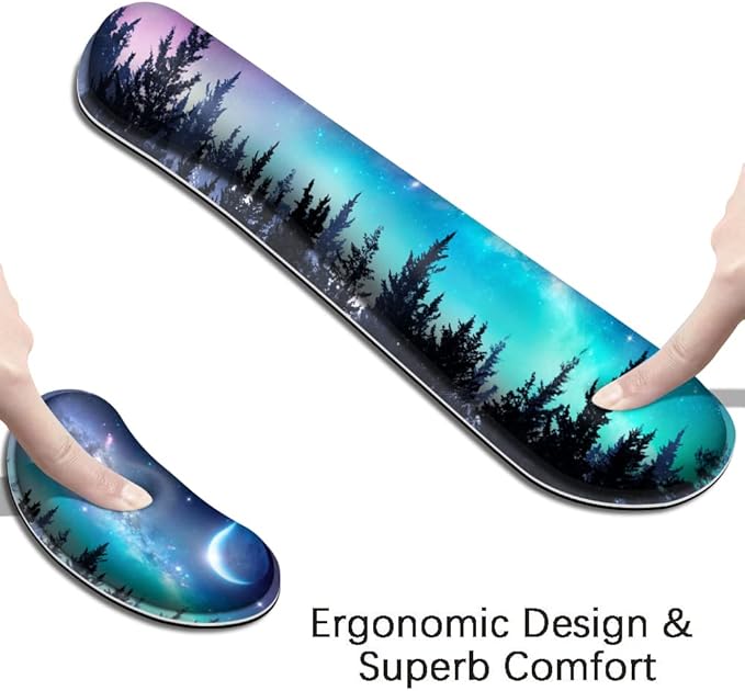 MIBITRI Keyboard Mouse Pad Set, Extended Gaming Mouse Pad+Ergonomics Keyboard Wrist Rest Support, Memory Foam, Easy Typing, 3Pcs XXL Ultra Thick Desk Mat, Moon Forest