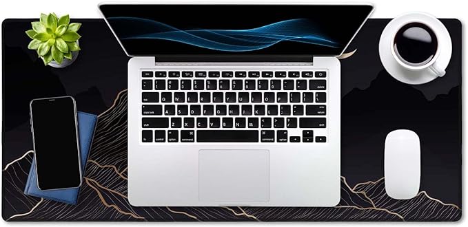 SSOIU Mountain & Moon Landscape Black Desk Mat, Boho & Gaming Mouse Pad, XXL 35.5" X 15.7", Waterproof With Stitched Edges