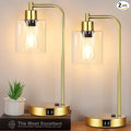 Industrial Touch Control Table Lamps Set of 2 - Gold Nightstand Bedside Lamps with 2 USB Ports & AC Outlet, 3-Way Dimmable Desk Lamp for Bedroom Living Room, Glass Shade & 2 LED Bulbs Included