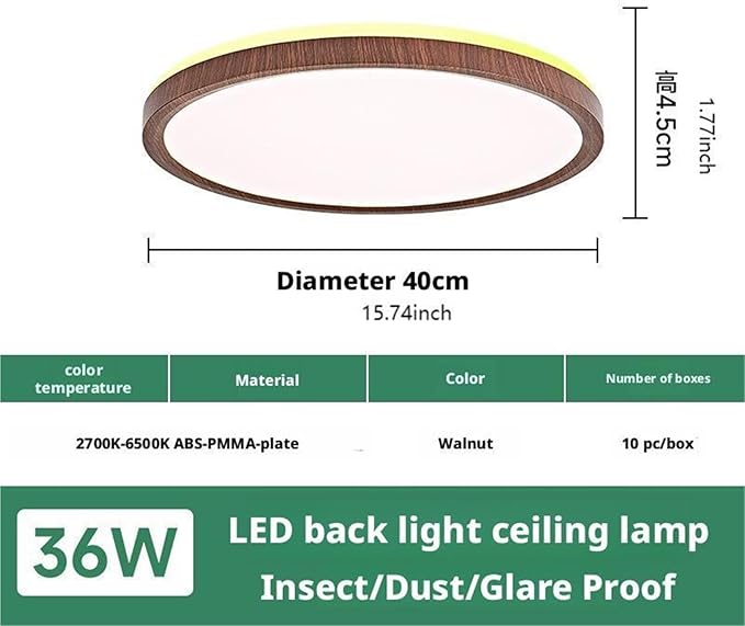 Ultra-Thin LED Ceiling Light for Bedroom, Wood Grain Finish, Flush Mount, Asian-Inspired Design, Flicker-Free & Dimmable, Eye Care Lighting(Walnut Color,15.74 * 15.74 * 1.77inch)