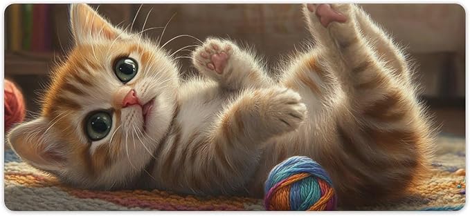 Large Ergonomic Gaming Mouse Pad Curious Kitten Playtime - Cute Cat Theme with Non-Slip Base Water-Resistant Surface and Stitched Edges 40x90cm