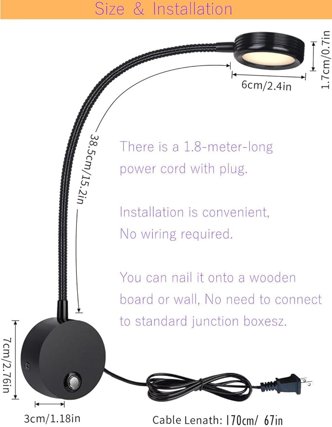 Dimmable LED Reading Lamps,Wall Mount Reading Lights for Bed Headboard,Flexible Gooseneck Headboard Reading Lam, Plug in Sconce Touch Control,3 Color Modes, 2A/5V USB Output,Black 1 Pack