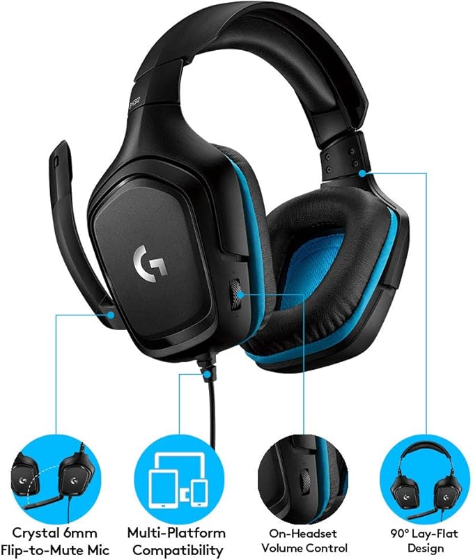 Logitech G432 Wired Gaming Headset, 7.1 Surround Sound, DTS Headphone:X 2.0, Flip-to-Mute Mic, PC (Leatherette) Black/Blue
