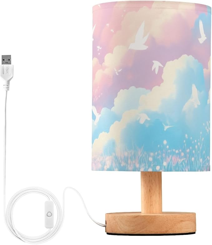 Dreamy Sky-Cloud LED Table Lamp, Bedside Lamp with Linen Lampshade, Flicker-Free Eye Care USB Plug in Nightstand Lamp, for Bedroom and Office