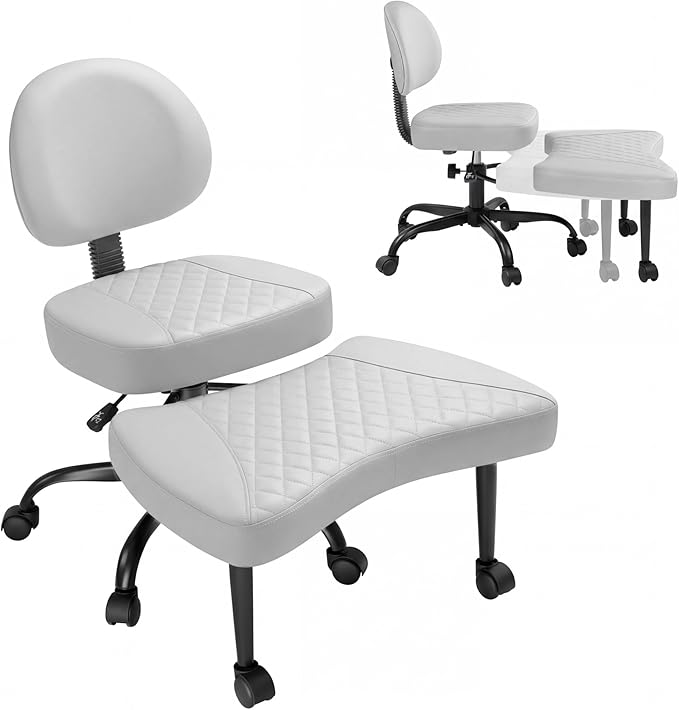 GUNJI Ergonomic Criss Cross Legged Office Chair, 360° Swivel Meditation Kneeling Chair with Wheels, ADHD Chair with Footrest, Lumbar Support, Wider Height Adjustable Seat (Grey, Faux Leather)