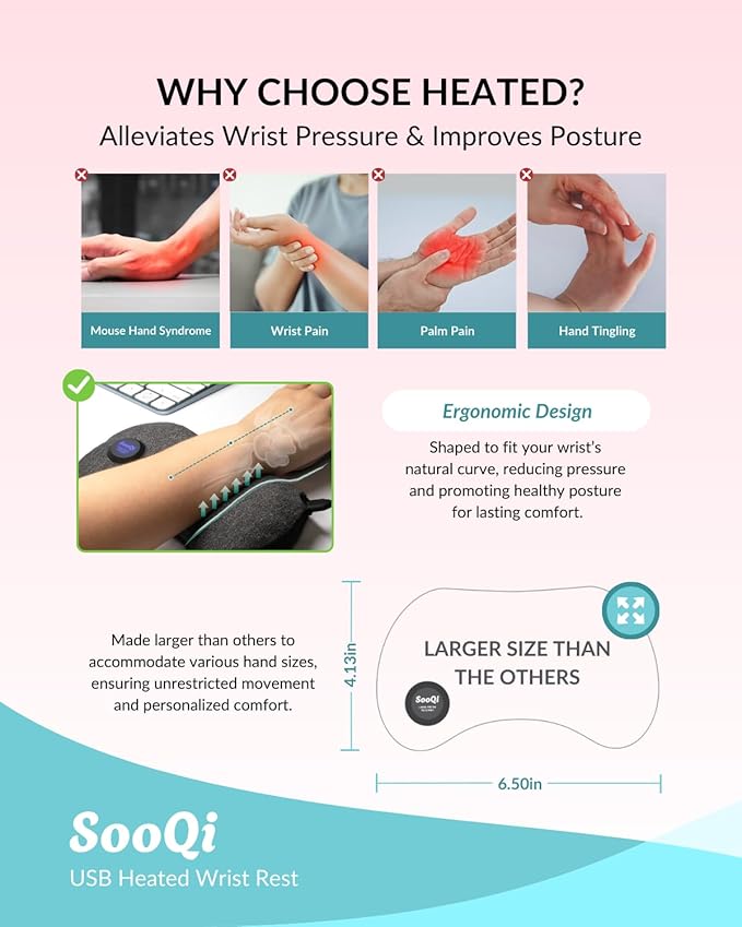 USB Heated Wrist Rest for Mouse, Dual-Sided Design with Warm Heat & Cooling Beads for Pain & Fatigue Relief, Ergonomic Support for Office Work, Home, PC & Laptop Gaming