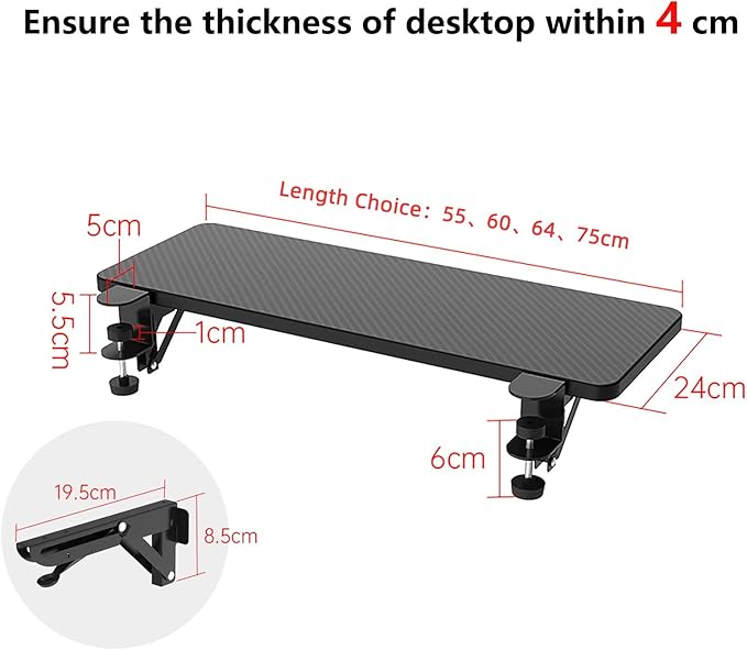 OUGIC Ergonomic Desk Extension Tray, 75x24cm, Clamp Without Punch, Keyboard Drawer Tray, Computer Armrest Table Stand