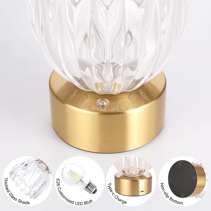 Cordless Small Table Lamp with 5200mAh Battery & Touch Control, Battery Operated Tulip Table Lamp with 3 Colors, Rechargeable Mini Table Lamps for Bedsides, Bedroom, Nightstand (Transparent)
