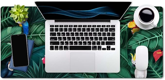 SSOIU Tropical Plants and Birds Large Desk Pad, Extra Large Gaming Mat, Non Slip Rubber Base, Stitched Edges - 35.5" x 15.7" for Work, Game, Office, Home