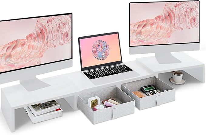 TEAMIX Dual Monitor Stand Riser - Length and Angle Adjustable White Monitor Stand with 2 Drawers to Storage Large Computer Riser for 2 Monitors/Laptop/PC, Wood Screen/TV Stand Desk Organizer (White)