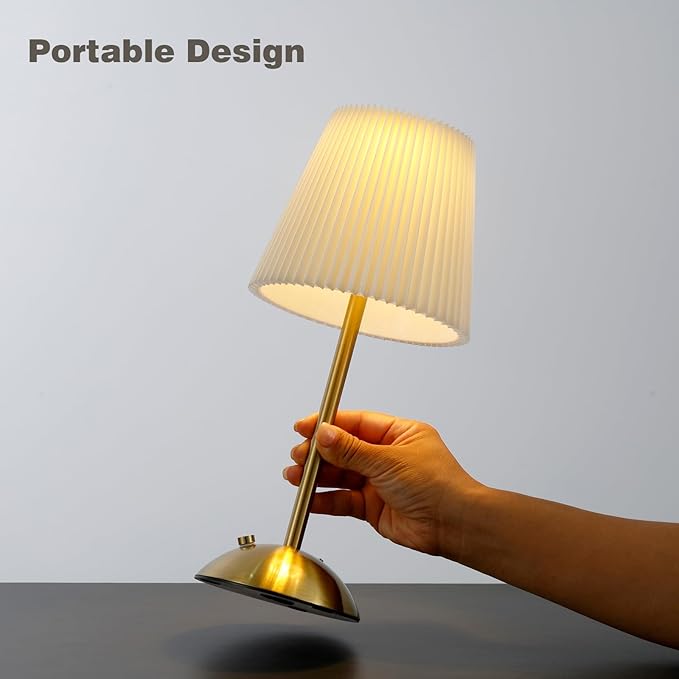 Cordless Table Lamp, 3000mAh Rechargeable Battery Operated Touch Light, Portable 3-Color Dimmable Vintage Ambient Light Beige Fabric Shade for Dining Table/Bedroom/Kitchen/Bar/Bathroom/Entryway/Gift