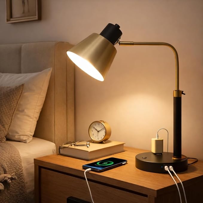 Desk Lamp with Dual USB Charging Port, Heavy Duty Metal Table Lamp, 340 Degree Swivel Arms, Easy Assembly with Cord Guide, Reading Lamp for Home Office Bedroom, Black & Gold (Bulb Not Included)