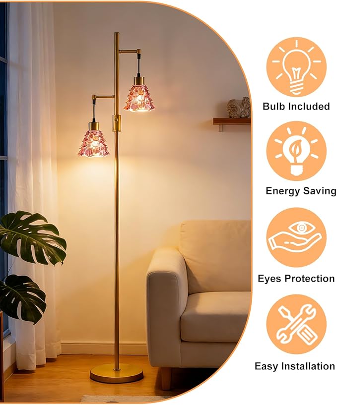 2-Light Glass Floor Lamp, Gold Tall Standing Lamps Dimmable with Rose Red Glass Lampshade, 3000K Warmwhite Mid Century Modern Floor Lamp for Living Room/Bedroom/Sofa Beside/Home Decor