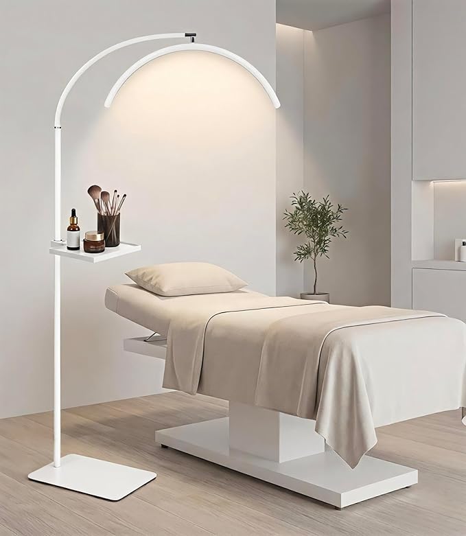 Half Moon LED Floor Light with Tool Tray for Lash Techs, Eyelash Extensions, Estheticians, Skincare, Nail Art, Tattoo Artists, Home & Office - Professional Shadow-Free Lamp | Dimmable (White)