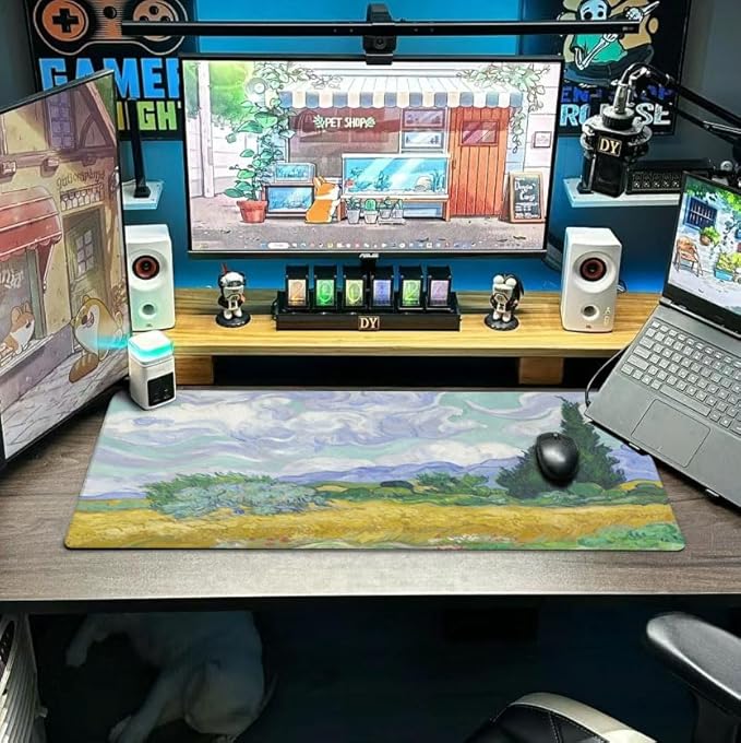 Van Gogh Wheat Field with Cypresses Mouse Pad Extended Large Gaming Mousepad XL Big Long Oversized Desk Mat Stitched Edges 31.5 X 11.8 Inch for Home Office