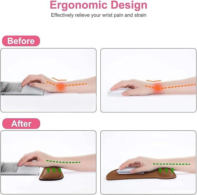 MOSISO Wrist Rest Support for Mouse Pad & Keyboard Set, Ergonomic Mousepad Non-Slip Base Home/Office Easy Typing Cushion with Neoprene Cloth & Raised Memory Foam, Brown