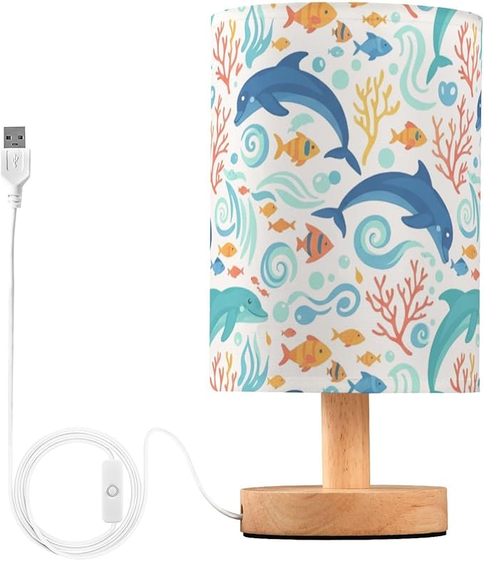 Blue Dolphin LED Table Lamp, Bedside Lamp with Linen Lampshade, Flicker-Free Eye Care USB Plug in Nightstand Lamp, for Bedroom and Office