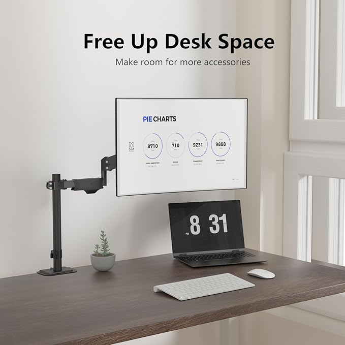suptek Single Monitor Arm for Desk Mount Stand,Adjustable Monitor Arm for 17 to 32 inch Screen, Support Weight up to 22lbs, Mounting Holes 75x75mm to 100x100mm,Pneumatic Pole Mount Arm Black