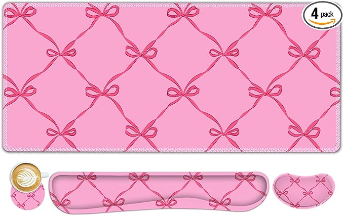 ToLuLu Large Mouse Pad Desk Pad Set, Wrist Rest Support Desk Mat for Keyboard Mouse, 4PCS 35.4”x15.7 XXL Giant Mouse Pad, Non-Slip Base Stitched Edges Mousepad Office Desk Decor, Hot Pink Bow
