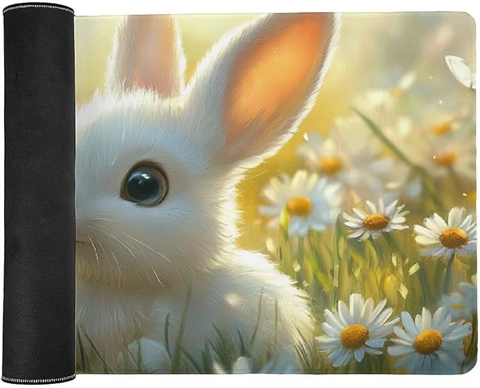 Large Ergonomic Gaming Mouse Pad Baby Bunny in Daisy Field - Sweet Rabbit Theme with Non-Slip Base Water-Resistant Surface and Stitched Edges 40x90cm