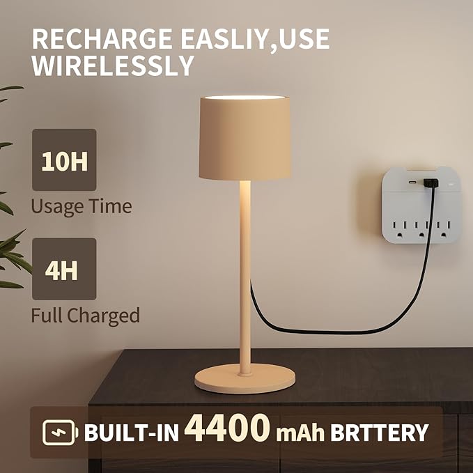 2-Pack Cordless Table Lamp, Portable LED Desk Lamps, 4400mAh Battery Powered Wireless Table Light, 3 Color Stepless Dimming Up,for Restaurant, Bedroom, Outdoor Camping, Night Light (Sand)