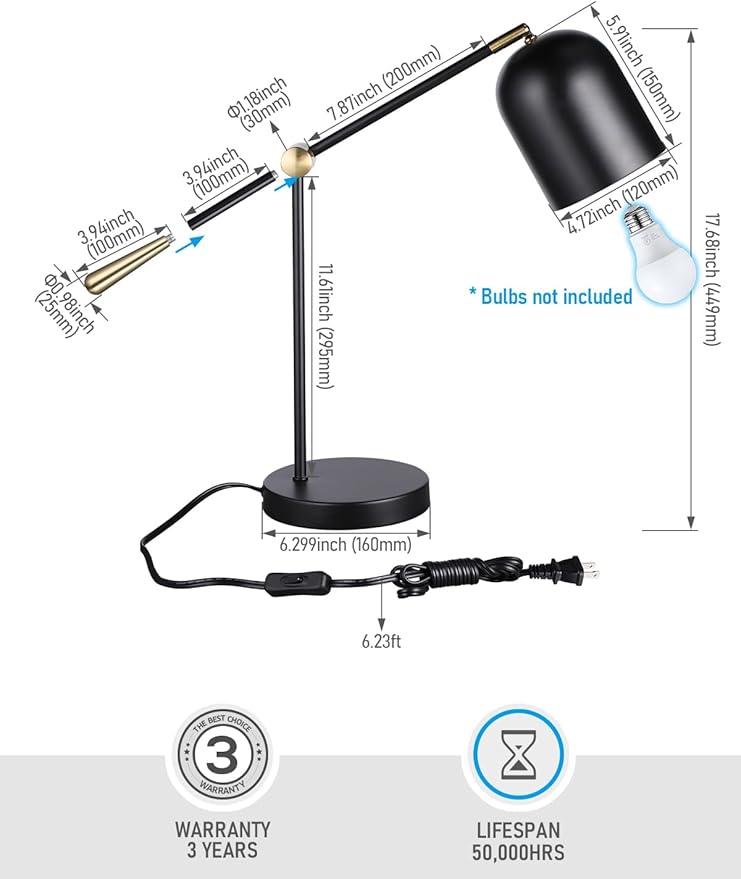 TORCHSTAR Adjustable Desk Lamp Aesthetic, AC 110-120V, Swing Arm Task Desk Lamp, Max 60W, E26 Base, Bulb Not Included, Metal Decor Desktop Lamp with On/Off Switch, for Work, Study, Home Office, Black