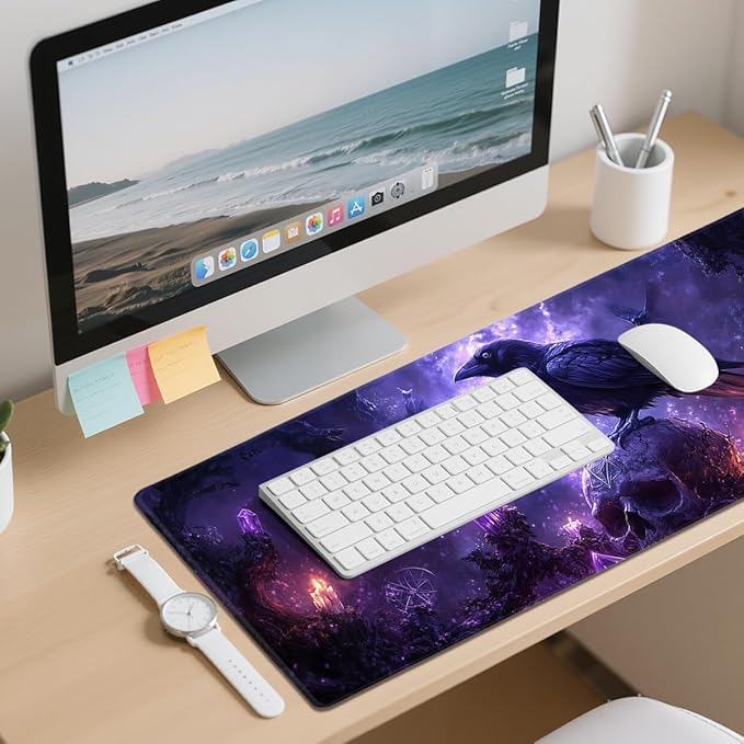 Mystic Crow Desk Mat Gaming Large Mouse Pad Amethyst Flame Skull Enchanted Night Mousepads Computer Keyboard Pad Mouse Mat Laptop Mat 31.5 x 11.8 Mouse Pads for Desk Home Office Gaming