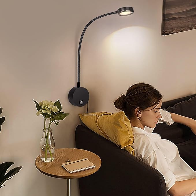 Dimmable LED Reading Lamps,Wall Mount Reading Lights for Bed Headboard,Flexible Gooseneck Headboard Reading Lam, Plug in Sconce Touch Control,3 Color Modes, 2A/5V USB Output,Black 1 Pack