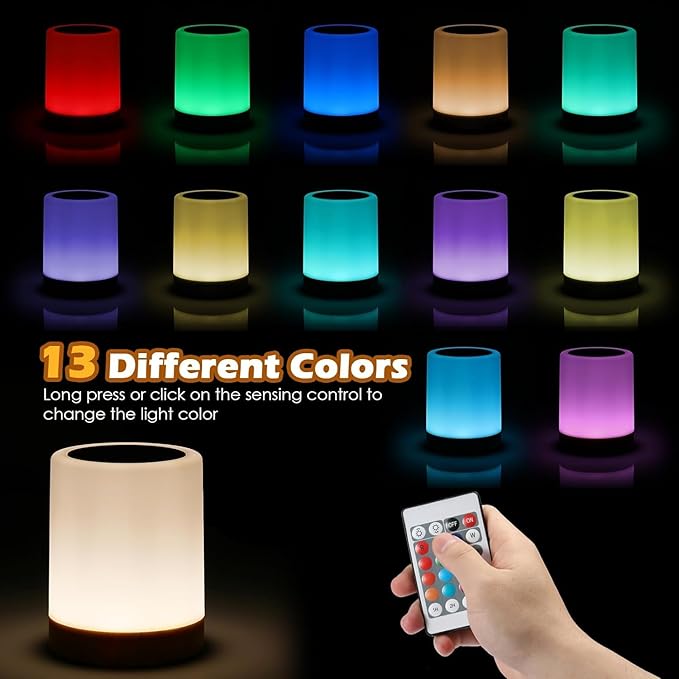 Portable Touch Small Night Light, 13 RGB Colors and 5 Brightness Levels USB Rechargeable Cordless LED Lamp with Remote Control and Timer for Bedroom Nursery Kids Room Nightstand