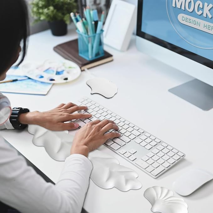 Ergonomic Keyboard Wrist Rest, Leaf Shape PU Leather Memory Foam Wrist Support for Computer Keyboard, Keyboard Pad and Cute Mouse Wrist Pad for Gaming,Office, Computer, Typing, White