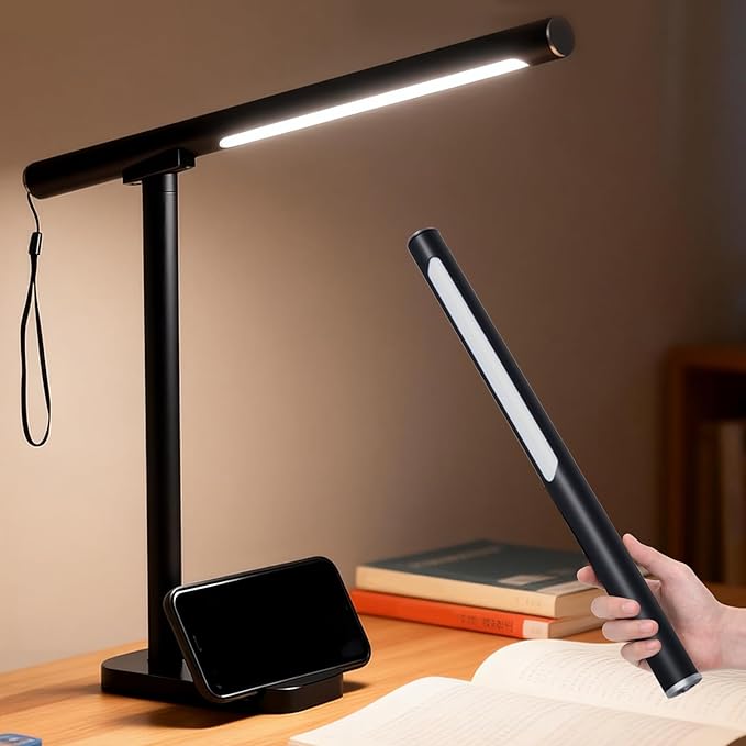 2 In 1 Led Desk Lamp - Outdoor Magnetic Desk Lamps for Home Office Study Bedroom , Black Desk Lamps with Phone Holder & USB Charging Port, 3500-6500K Touch Control Dimming & 5 Brightness Levels