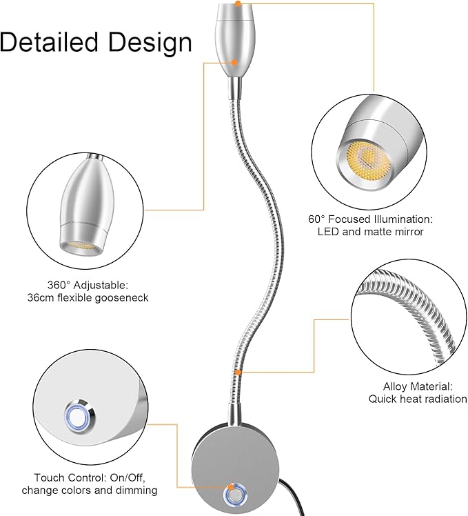 Wall Mounted LED Reading Light with 360° Flexible Gooseneck, Dimmable Bedside Reading Lights for Books In Bed, Plug In Headboard Night Lights, Eye-Caring, 3 Colors Temperature, Touch Control-1 Pack