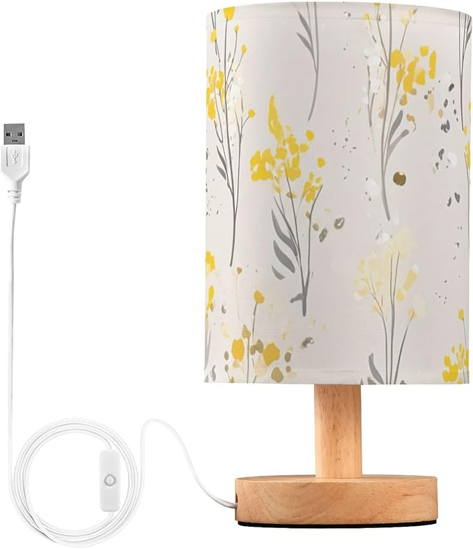 Yellow Floral LED Table Lamp, Bedside Lamp with Linen Lampshade, Flicker-Free Eye Care USB Plug in Nightstand Lamp, for Bedroom and Office
