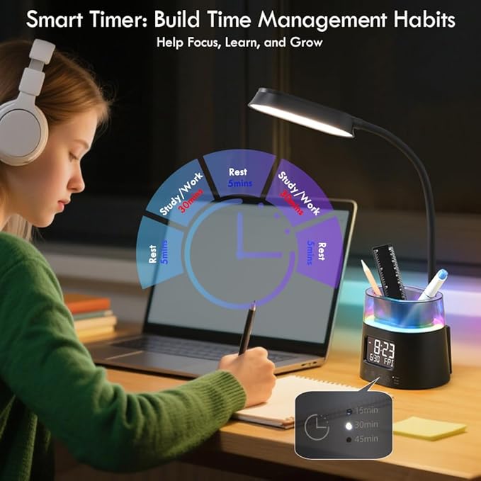 WILIT LED Kids Desk Lamp, Dimmable Study Lamp for Home Office Desk Accessories, with Pen Holder & Clock, USB Charging Port, RGB Night Light, Bedroom & College Dorm Room Essentials for Girls - Black