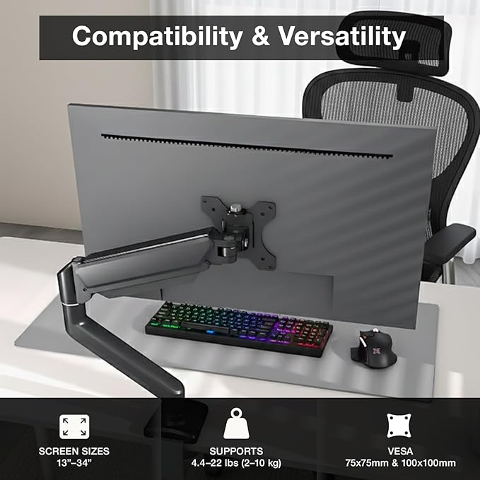 Single Monitor Arm Desk Mount – Adjustable Gas Spring Monitor Stand for 13”–34” Screens, Full Motion Swivel, Tilt & Rotation, Heavy Duty VESA Mount for Office, Gaming & Professional Setup