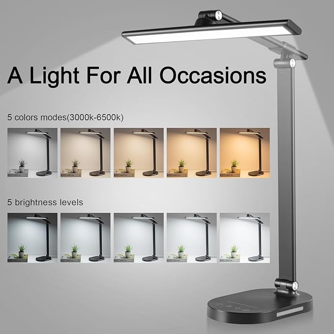 LED Desk Lamp Touch Desk Lamps with 5 Levels Brightness, Dimmable Office Reading Lamp with Adjustable Arm Foldable Table Desk Lamp for Bedroom Bedside Office Study, 3000-6500K(Black)