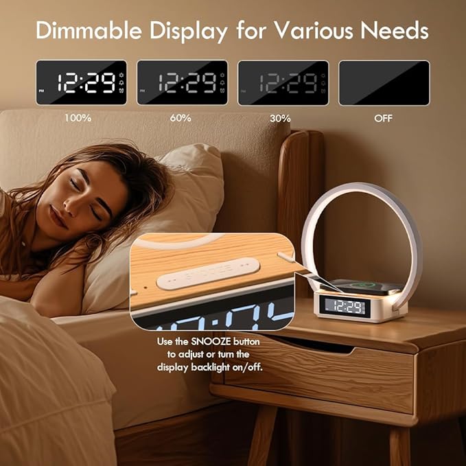 Sunrise Alarm Clock Bedside Lamp with Wireless Charging, Touch Table Lamp for Nightstand, Bedside Lamp Wake-up Light,Snooze Nightlight 3 Dimmable Brightness Levels, Idea Gift for Women,Men,Teens,Adult