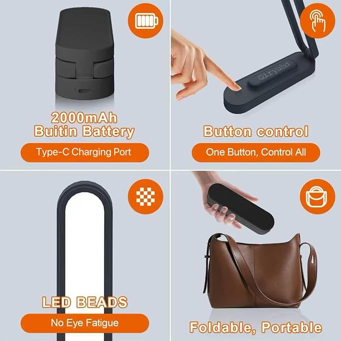 LED Desk Lamp for Office Home & Battery Operated Lamp Rechargeable Lamp Foldable & Portable Light, LED Desk Light Strip, 3 Brightness Dimmable Small Desk Lamp Wireless Reading Lamp(2-Black)