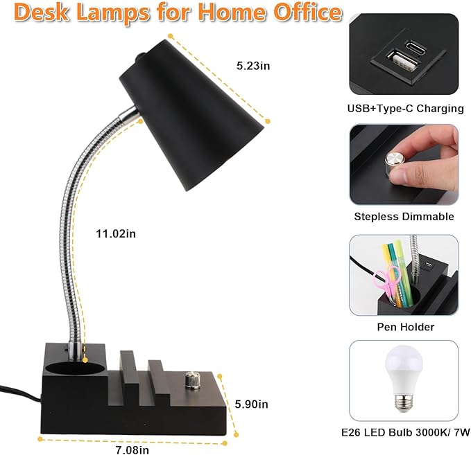 Study Desk Lamp with USB Charging and Type-C Night Light, Gooseneck LED Table Lamp Stepless Dimming Study Table Lamp with Pen Holder for College Dorm Bedroom and Office (Black)