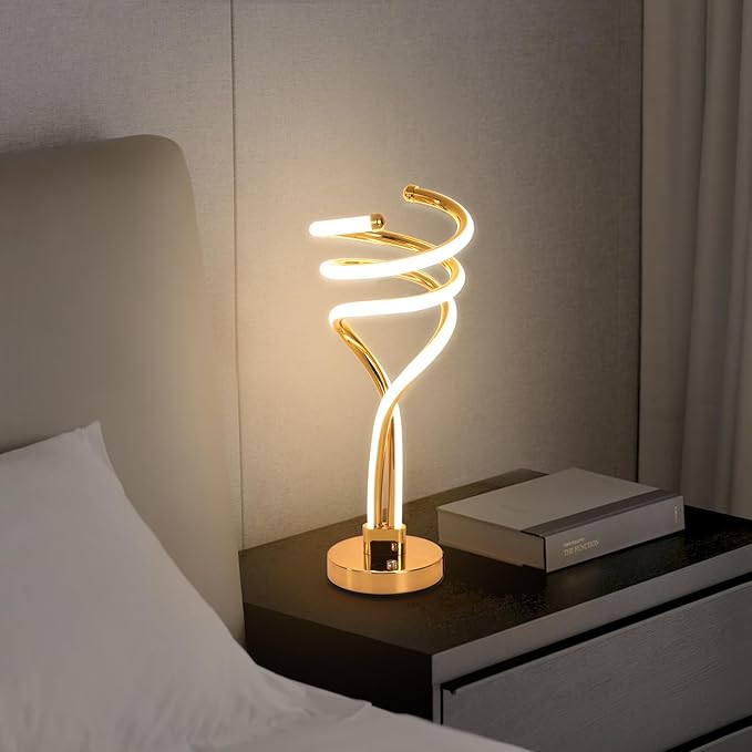 ElDISUNY Modern LED Table Lamp, 3 Color Temperatures,Touch Control CurveDimmable Bedside Table Lamps with USB Ports, Touch Control LED NightstandLamp, Desk Lamp for Living Room, Bedroom (Gold)