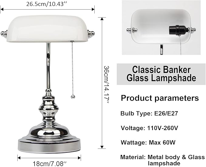 FIRVRE Bankers Lamp with White Glass Shade, Desk Lamp Library Lamp with Pull Chain, Vintage Desk Lamp for Office, Study Room