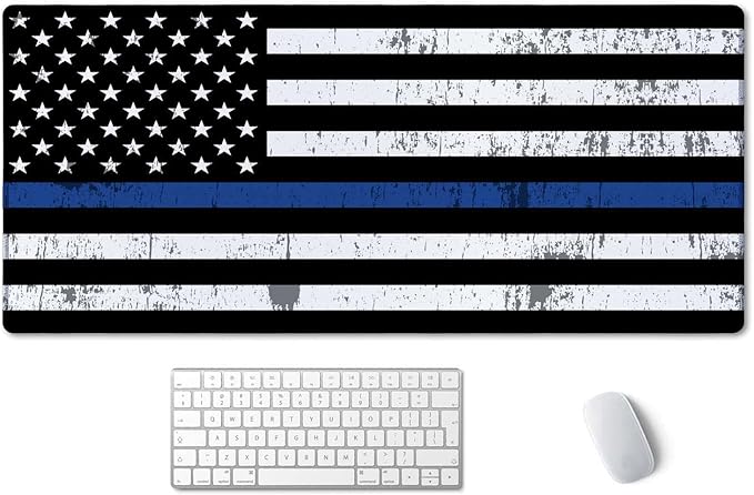 SSOIU Desk Mat, Extended Gaming Mouse Pad 35.5x15.7 in, Large Non-Slip Rubber Base Mousepad with Stitched Edges, Waterproof Keyboard Mouse Mat Desk Pad for Office, Home - Retro US Thin Blue Line Flag
